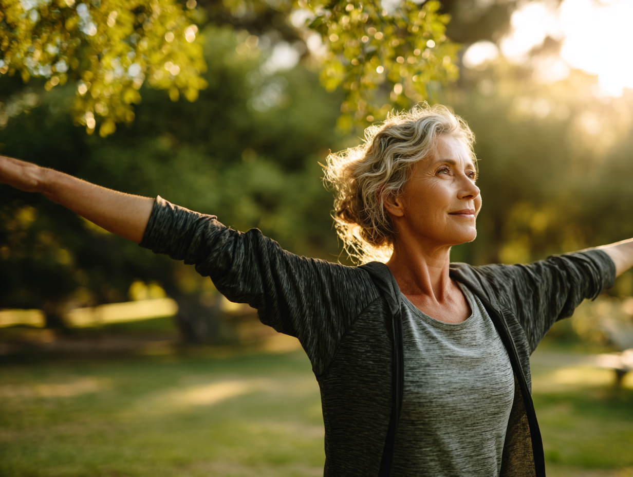 Старша жінка виконує вправи для суглобів на природі